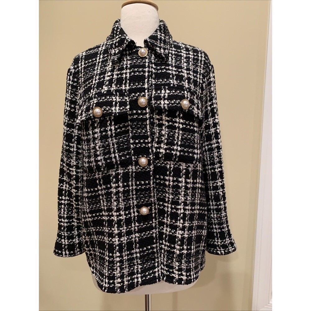 Zara Women’s Blazer Jacket XS Tweed Textured Plaid Black White Oversized